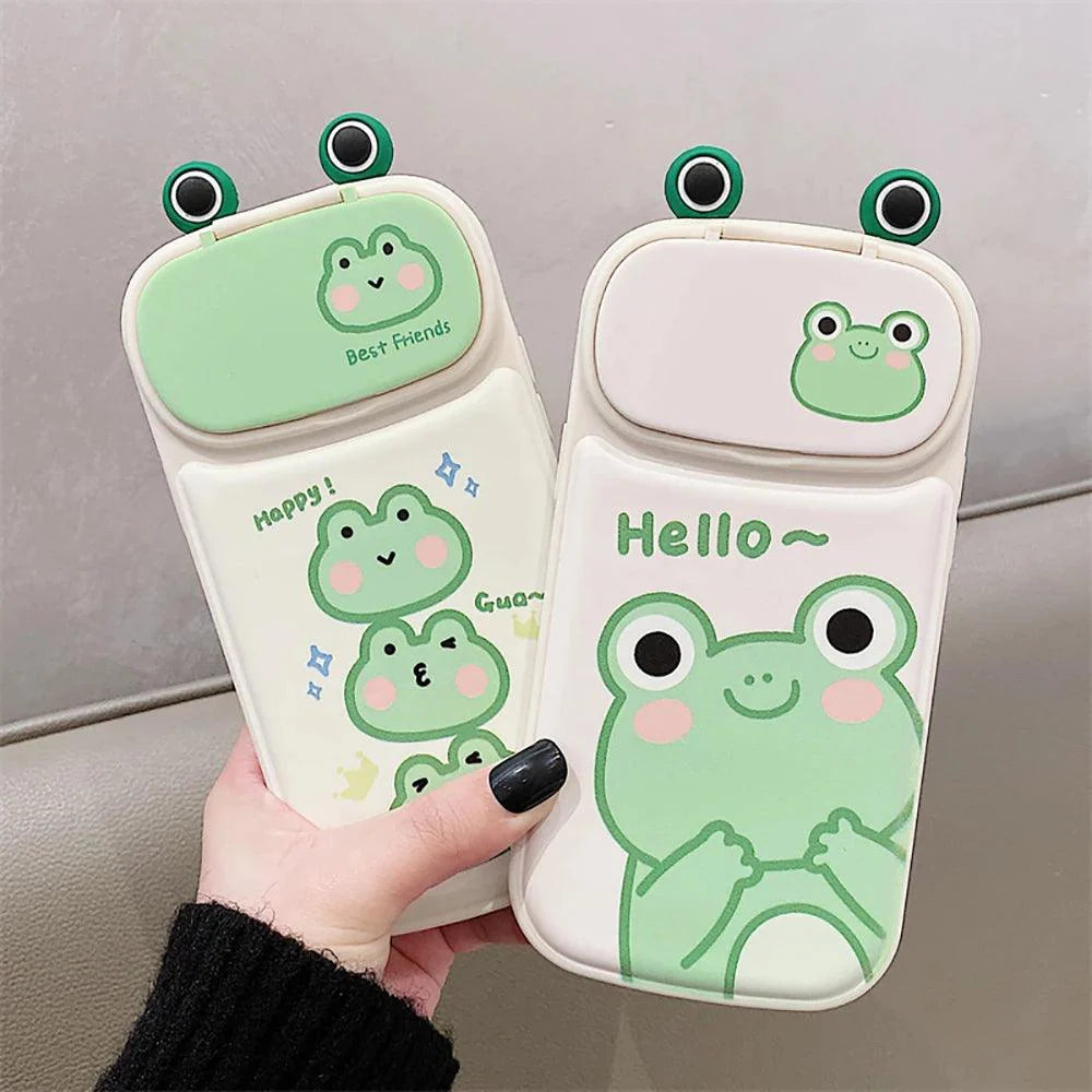 Cute Phone Cases for iPhone 14 13 12 11 Pro Max Plus - Frog Cartoon Makeup Mirror Camera Lens Stand