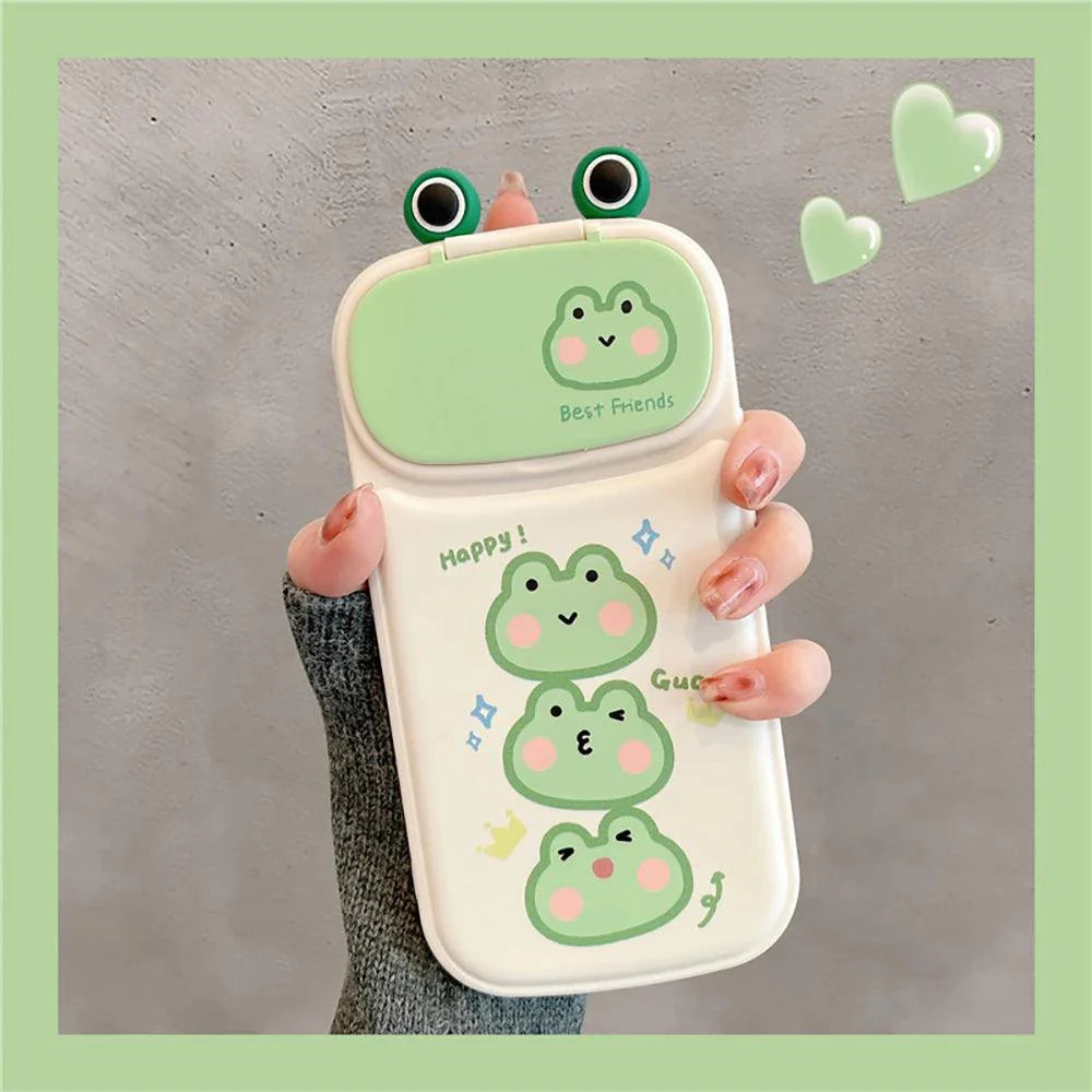 Cute Phone Cases for iPhone 14 13 12 11 Pro Max Plus - Frog Cartoon Makeup Mirror Camera Lens Stand