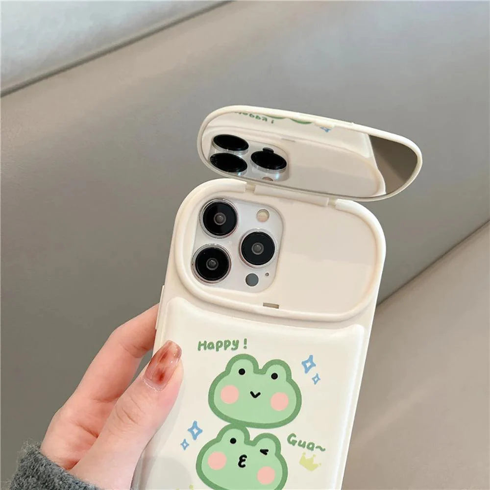 Cute Phone Cases for iPhone 14 13 12 11 Pro Max Plus - Frog Cartoon Makeup Mirror Camera Lens Stand