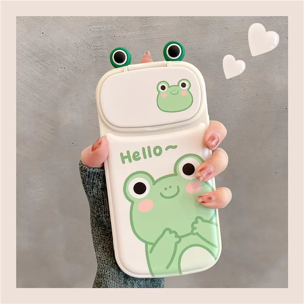 Cute Phone Cases for iPhone 14 13 12 11 Pro Max Plus - Frog Cartoon Makeup Mirror Camera Lens Stand