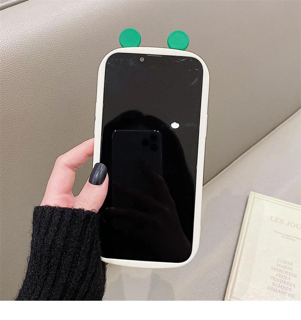 Cute Phone Cases for iPhone 14 13 12 11 Pro Max Plus - Frog Cartoon Makeup Mirror Camera Lens Stand