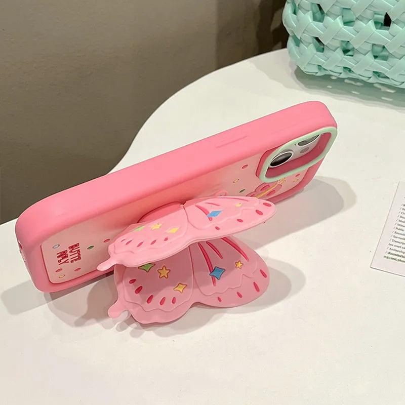 Cute Pink 3D Butterfly Phone Case for iPhone 11, 12, 13, 14, 15 Pro Max