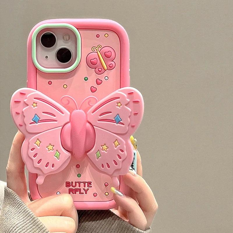 Cute Pink 3D Butterfly Phone Case for iPhone 11, 12, 13, 14, 15 Pro Max