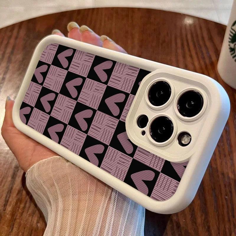 Cute Pink Heart Checkerboard Phone Case - Leather Cover for iPhone 15, 14, 13, 12, and 11 Pro Max