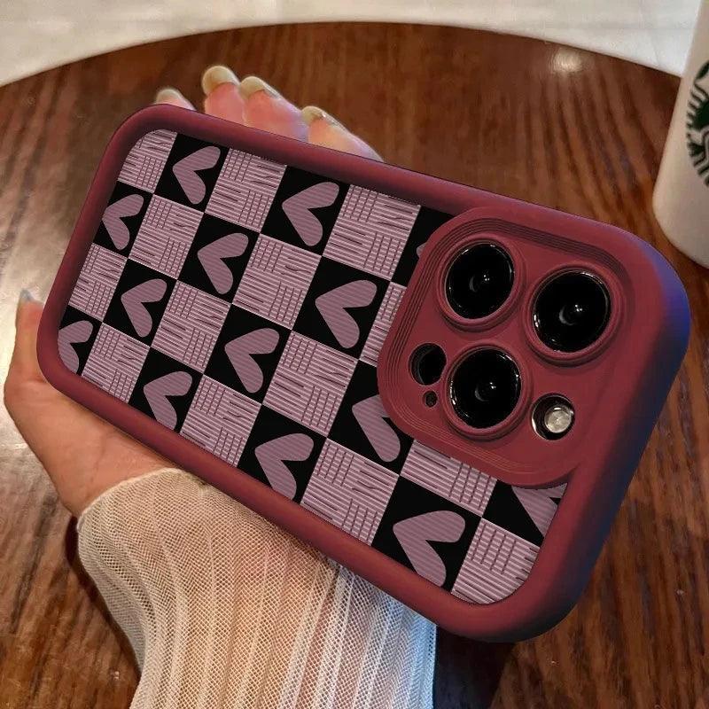 Cute Pink Heart Checkerboard Phone Case - Leather Cover for iPhone 15, 14, 13, 12, and 11 Pro Max