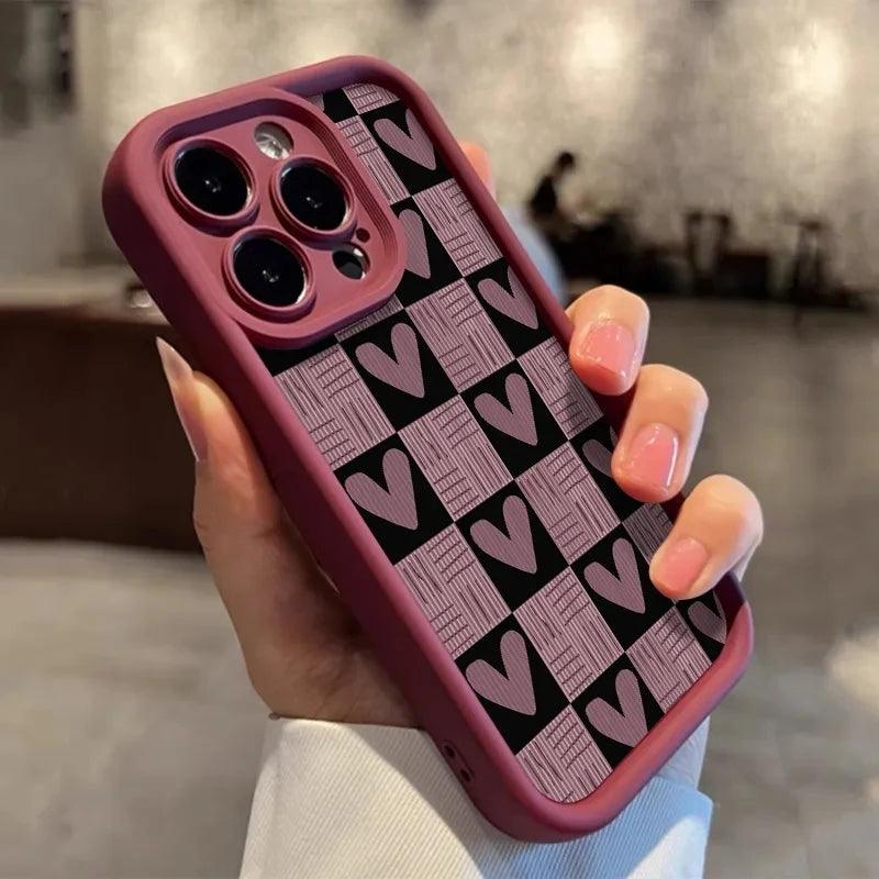 Cute Pink Heart Checkerboard Phone Case - Leather Cover for iPhone 15, 14, 13, 12, and 11 Pro Max