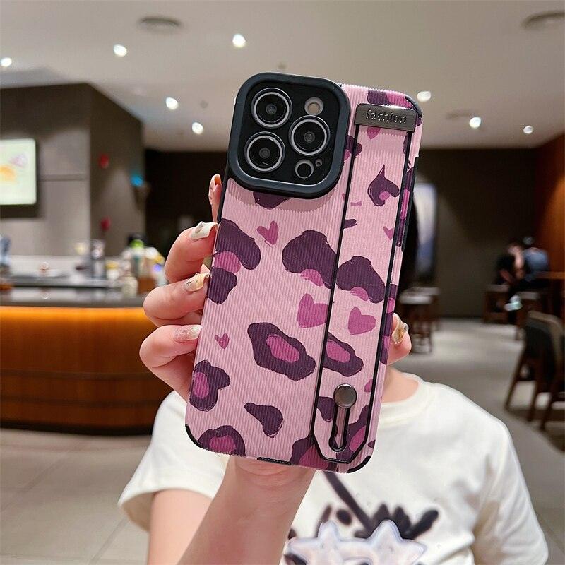 Cute Pink Heart Leopard Print Soft Wristband Phone Case Cover for iPhone 14, 13, 12, 11 Pro Max, 7, 8 Plus, X, XS, XR