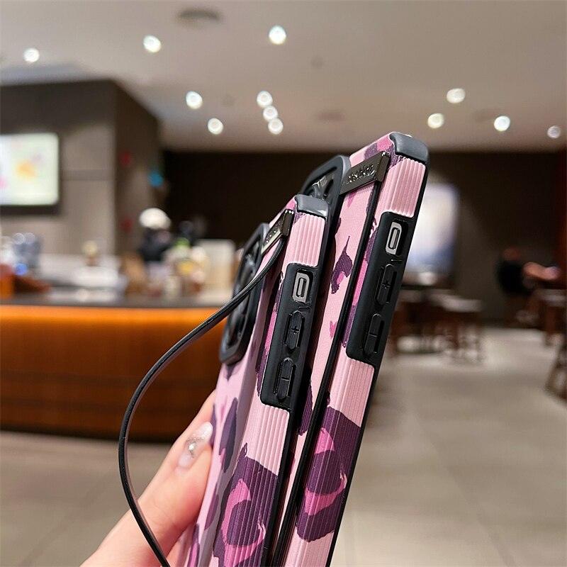 Cute Pink Heart Leopard Print Soft Wristband Phone Case Cover for iPhone 14, 13, 12, 11 Pro Max, 7, 8 Plus, X, XS, XR