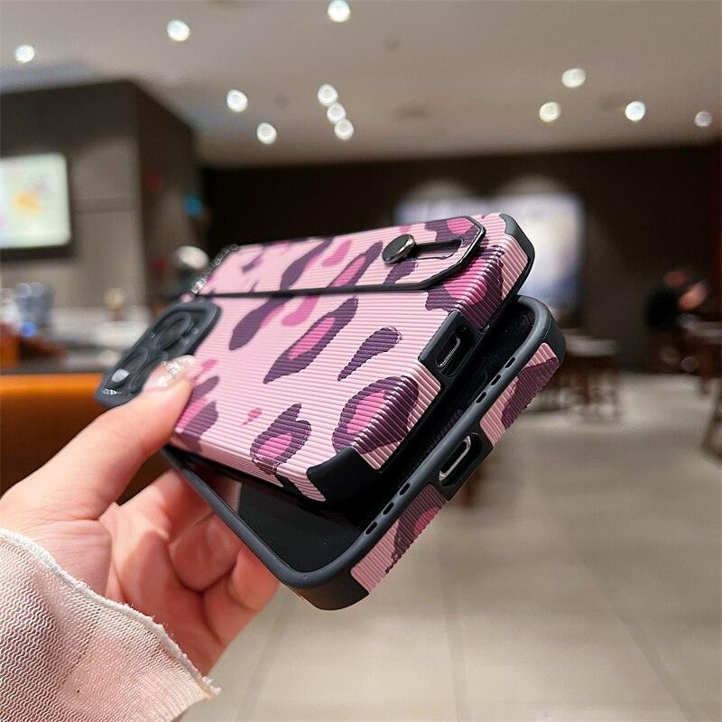 Cute Pink Heart Leopard Print Soft Wristband Phone Case Cover for iPhone 14, 13, 12, 11 Pro Max, 7, 8 Plus, X, XS, XR