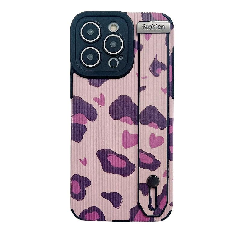 Cute Pink Heart Leopard Print Soft Wristband Phone Case Cover for iPhone 14, 13, 12, 11 Pro Max, 7, 8 Plus, X, XS, XR