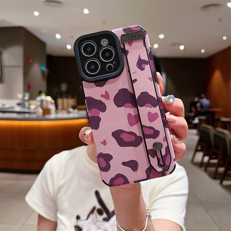 Cute Pink Heart Leopard Print Soft Wristband Phone Case Cover for iPhone 14, 13, 12, 11 Pro Max, 7, 8 Plus, X, XS, XR