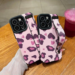 Cute Pink Heart Leopard Print Soft Wristband Phone Case Cover for iPhone 14, 13, 12, 11 Pro Max, 7, 8 Plus, X, XS, XR