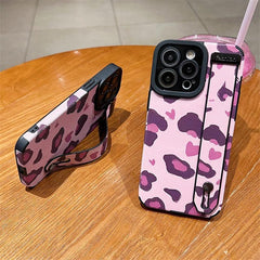 Cute Pink Heart Leopard Print Soft Wristband Phone Case Cover for iPhone 14, 13, 12, 11 Pro Max, 7, 8 Plus, X, XS, XR