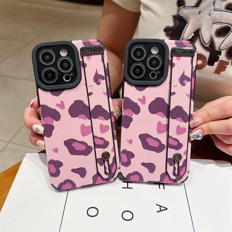 Cute Pink Heart Leopard Print Soft Wristband Phone Case Cover for iPhone 14, 13, 12, 11 Pro Max, 7, 8 Plus, X, XS, XR