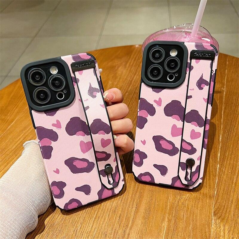 Cute Pink Heart Leopard Print Soft Wristband Phone Case Cover for iPhone 14, 13, 12, 11 Pro Max, 7, 8 Plus, X, XS, XR