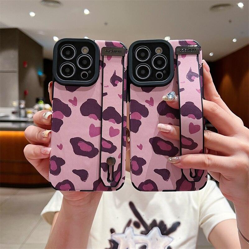 Cute Pink Heart Leopard Print Soft Wristband Phone Case Cover for iPhone 14, 13, 12, 11 Pro Max, 7, 8 Plus, X, XS, XR