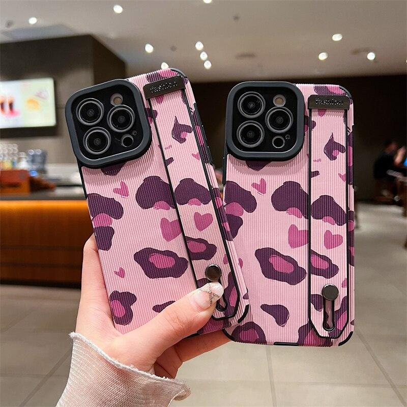 Cute Pink Heart Leopard Print Soft Wristband Phone Case Cover for iPhone 14, 13, 12, 11 Pro Max, 7, 8 Plus, X, XS, XR