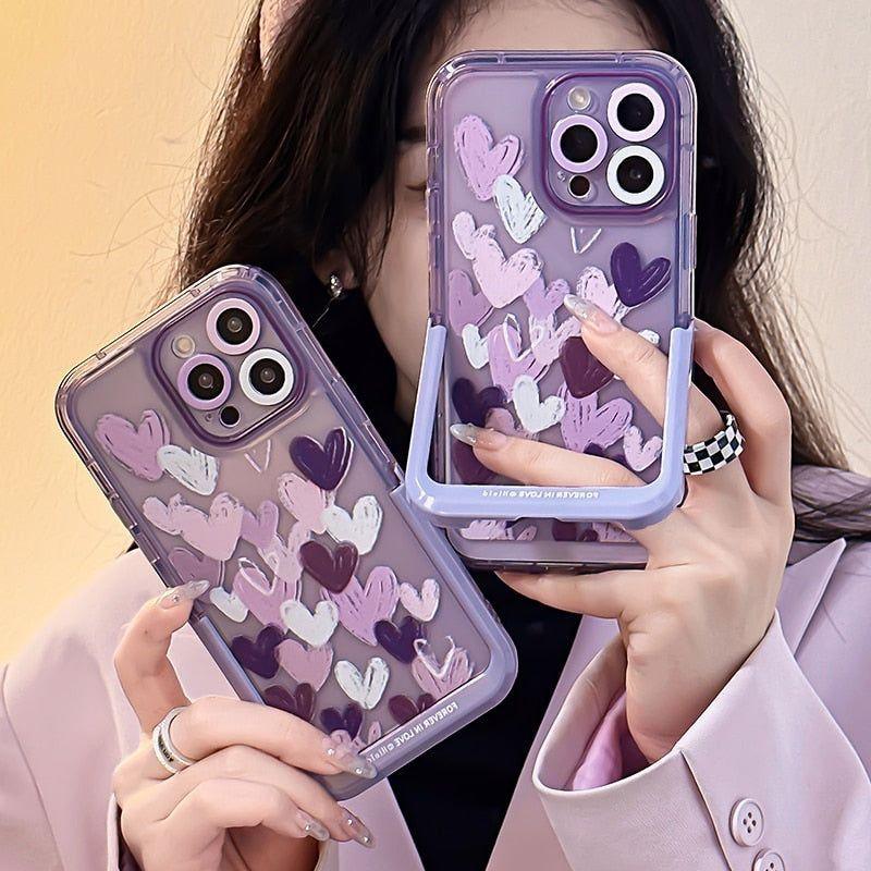 Cute Purple Heart Phone Cases with Invisible Holder for iPhone 13, 11, 12, 14 Pro Max, 14 Plus