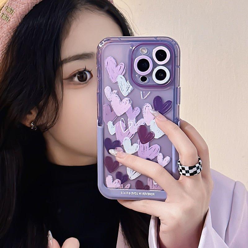 Cute Purple Heart Phone Cases with Invisible Holder for iPhone 13, 11, 12, 14 Pro Max, 14 Plus