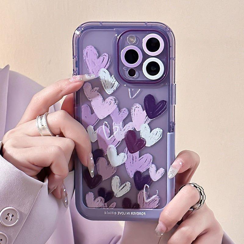 Cute Purple Heart Phone Cases with Invisible Holder for iPhone 13, 11, 12, 14 Pro Max, 14 Plus