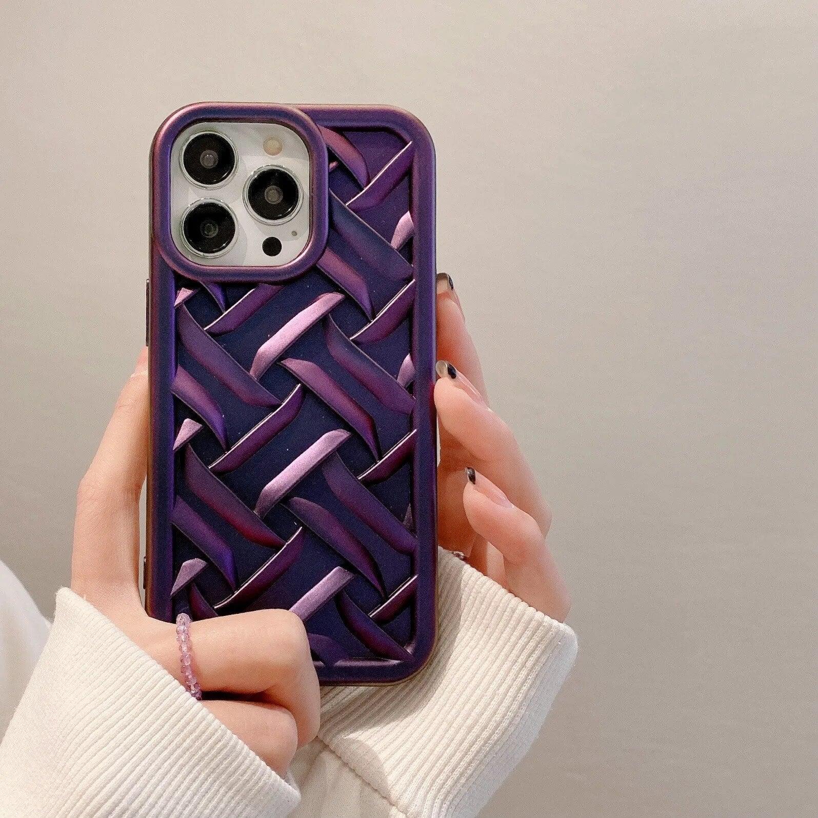 Cute Purple Weave Knit Laser-Plating Phone Cases for iPhone 11 Pro Max, 12, 13, and 14