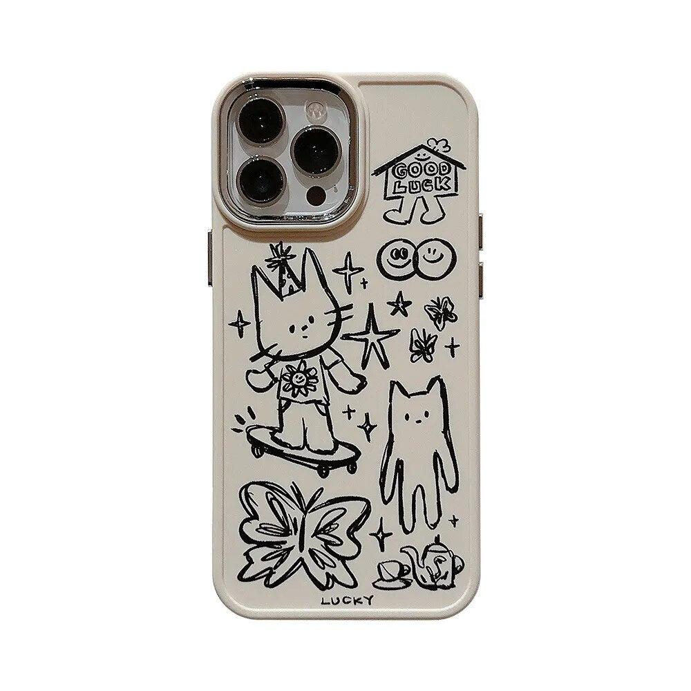 Cute Skateboard Rabbit Graffiti Plating Phone Case for iPhone 15, 14, 13, 12, 11 Pro Max, XR, X, 7, 8, 14 Plus