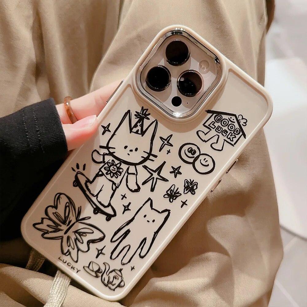 Cute Skateboard Rabbit Graffiti Plating Phone Case for iPhone 15, 14, 13, 12, 11 Pro Max, XR, X, 7, 8, 14 Plus