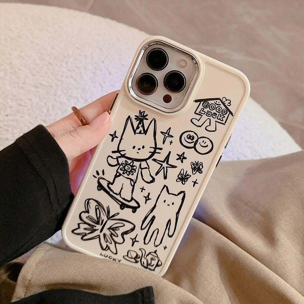 Cute Skateboard Rabbit Graffiti Plating Phone Case for iPhone 15, 14, 13, 12, 11 Pro Max, XR, X, 7, 8, 14 Plus