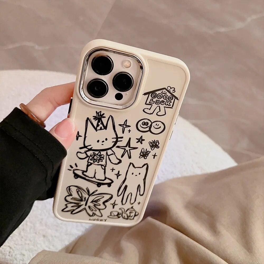 Cute Skateboard Rabbit Graffiti Plating Phone Case for iPhone 15, 14, 13, 12, 11 Pro Max, XR, X, 7, 8, 14 Plus