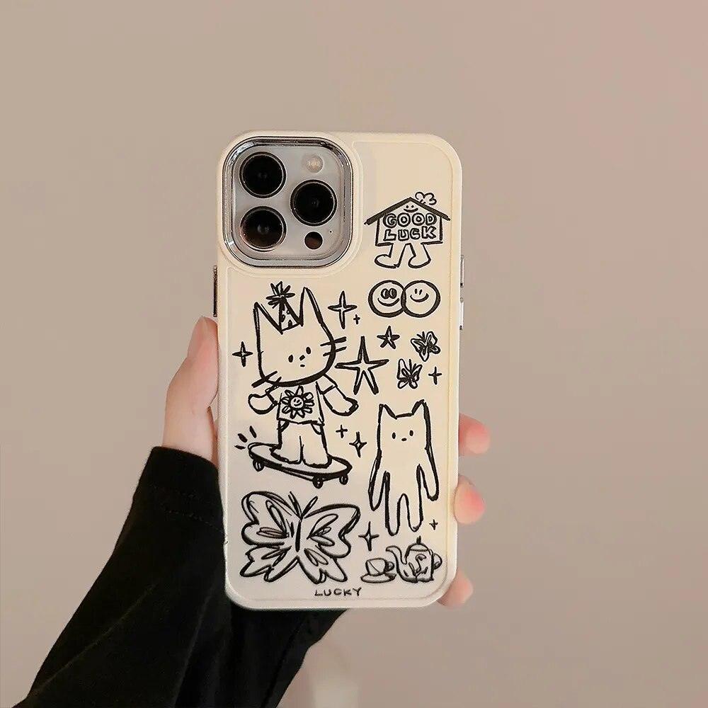 Cute Skateboard Rabbit Graffiti Plating Phone Case for iPhone 15, 14, 13, 12, 11 Pro Max, XR, X, 7, 8, 14 Plus