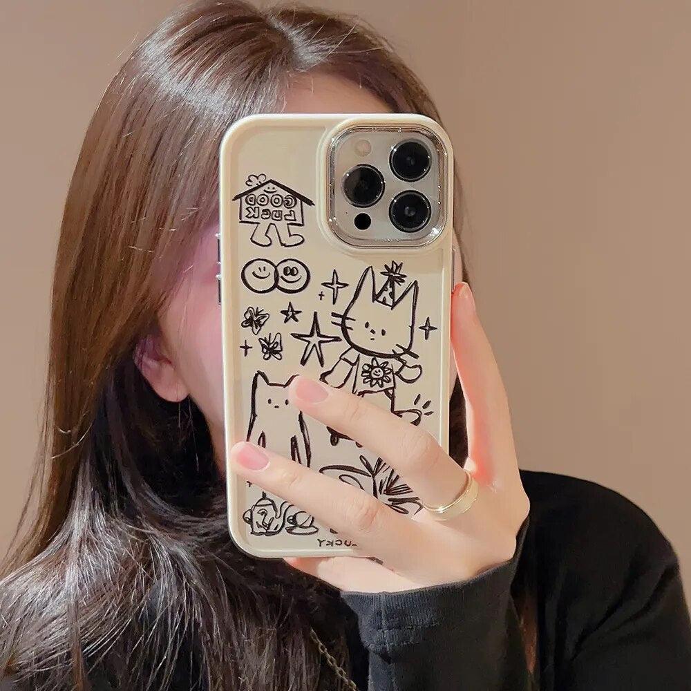 Cute Skateboard Rabbit Graffiti Plating Phone Case for iPhone 15, 14, 13, 12, 11 Pro Max, XR, X, 7, 8, 14 Plus