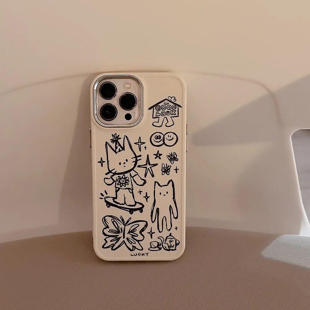 Cute Skateboard Rabbit Graffiti Plating Phone Case for iPhone 15, 14, 13, 12, 11 Pro Max, XR, X, 7, 8, 14 Plus