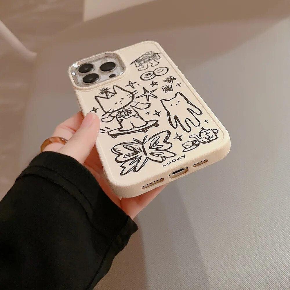 Cute Skateboard Rabbit Graffiti Plating Phone Case for iPhone 15, 14, 13, 12, 11 Pro Max, XR, X, 7, 8, 14 Plus