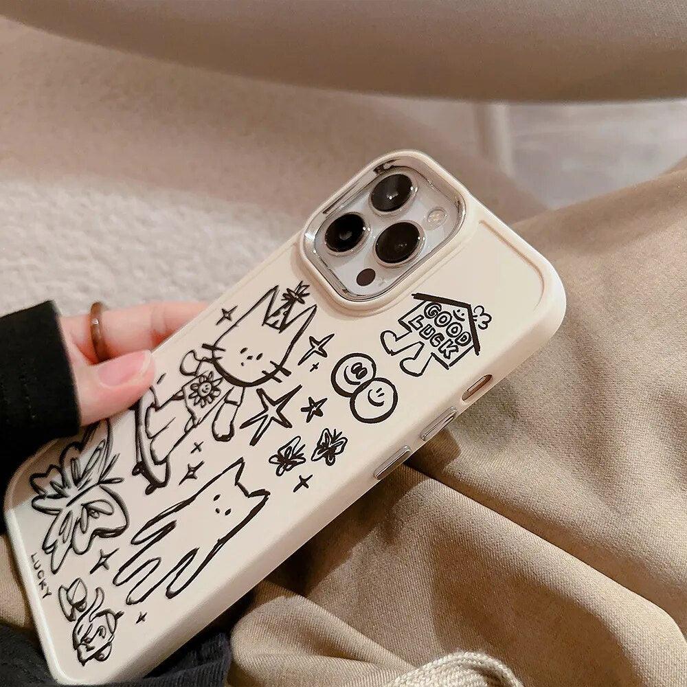 Cute Skateboard Rabbit Graffiti Plating Phone Case for iPhone 15, 14, 13, 12, 11 Pro Max, XR, X, 7, 8, 14 Plus