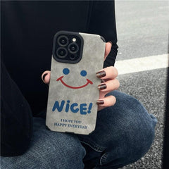 Cute Smiley Leather Phone Case for iPhone 12, 13 Mini, 11, 14 Pro, XS Max, X, XR, 6, 6s, 7, 8 Plus, SE 3, 2022, 11 Pro - Gray