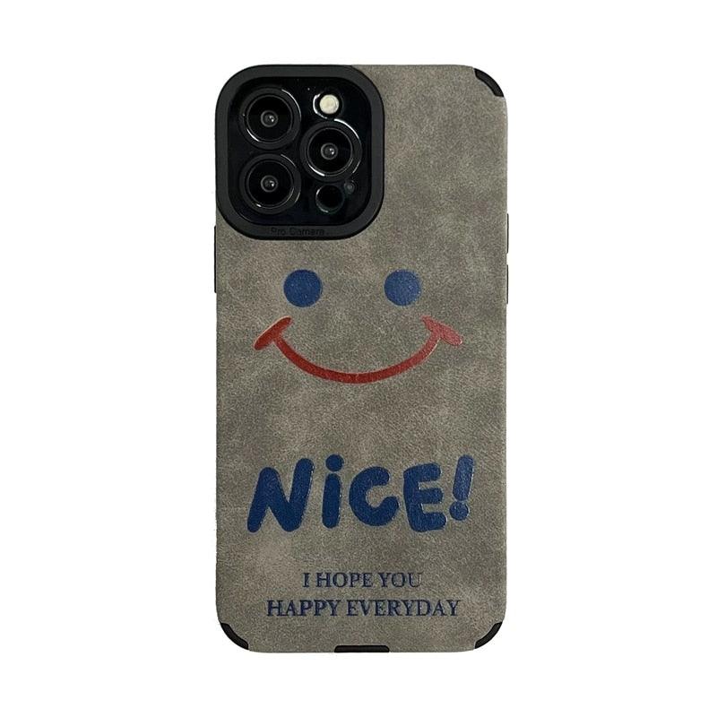 Cute Smiley Leather Phone Case for iPhone 12, 13 Mini, 11, 14 Pro, XS Max, X, XR, 6, 6s, 7, 8 Plus, SE 3, 2022, 11 Pro - Gray