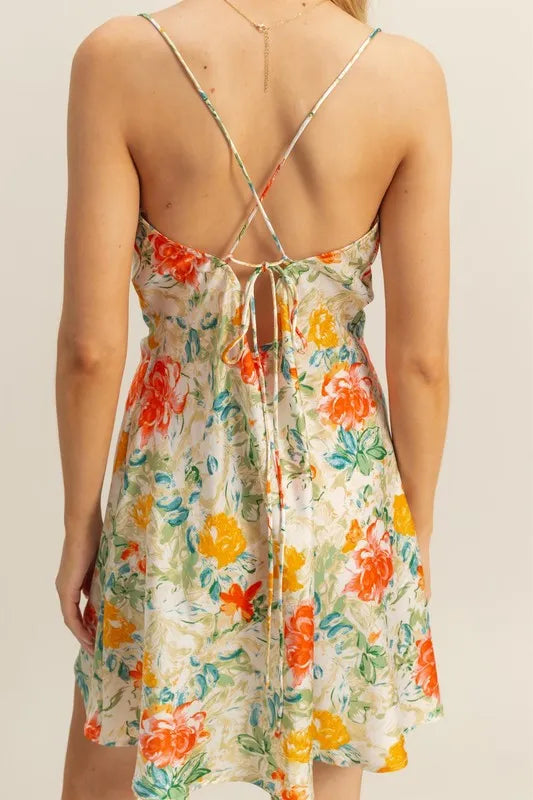 Floral Cowl Neck Flirty Satin Mini Dress