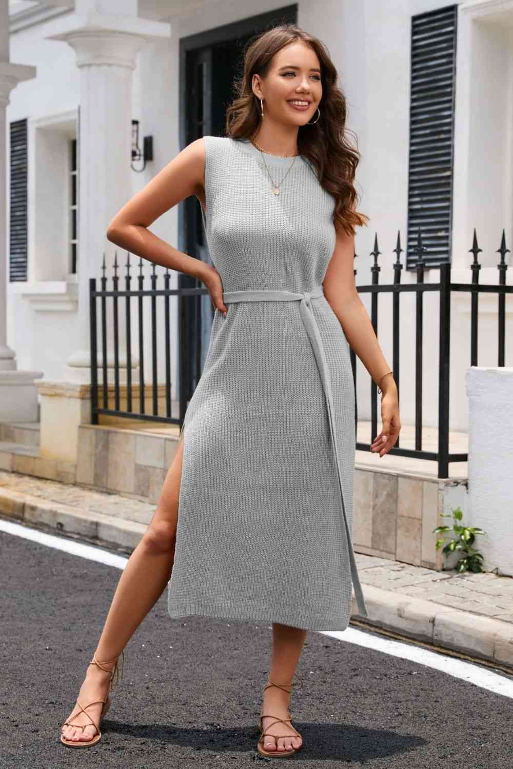 Tie Belt Slit Sleeveless Sweater Dress