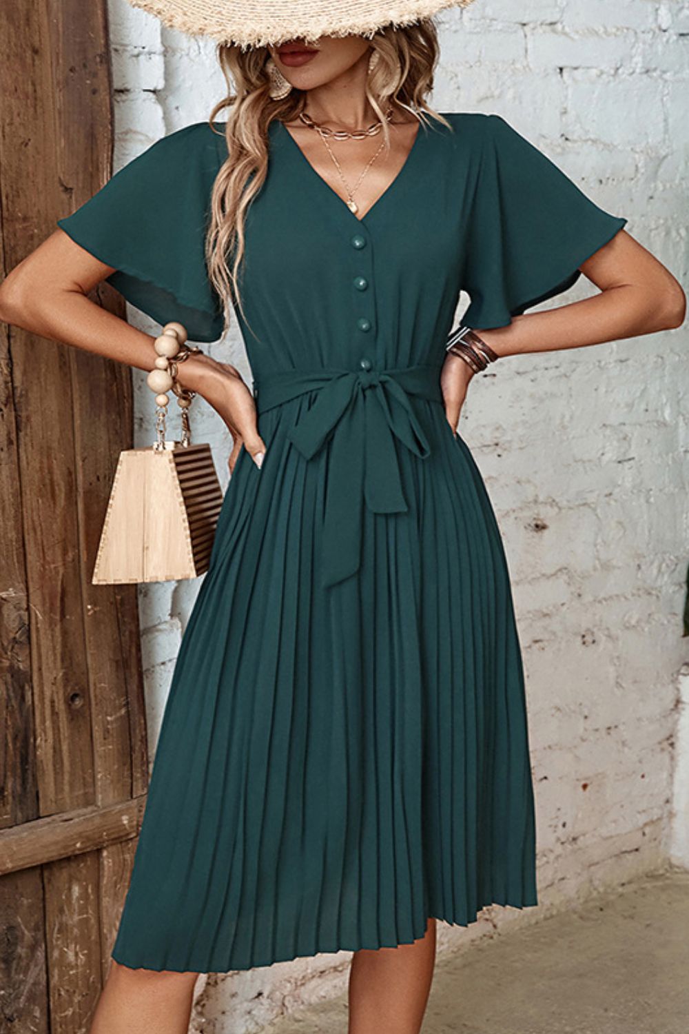 Buttoned V-Neck Flutter Short Sleeve Mini Dress