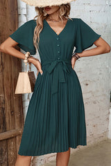 Buttoned V-Neck Flutter Short Sleeve Mini Dress