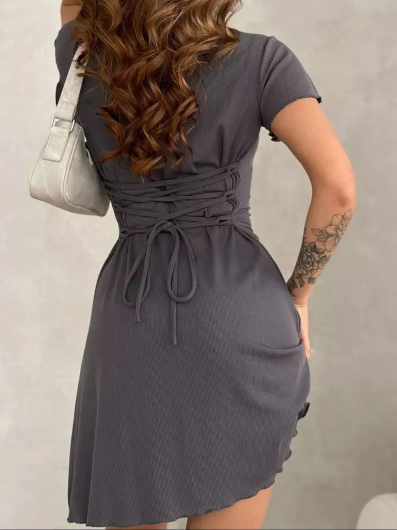 Ribbed Back Lace Up Short Sleeve Mini Dress