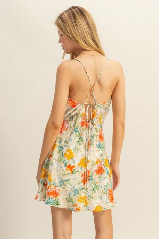 Floral Cowl Neck Flirty Satin Mini Dress