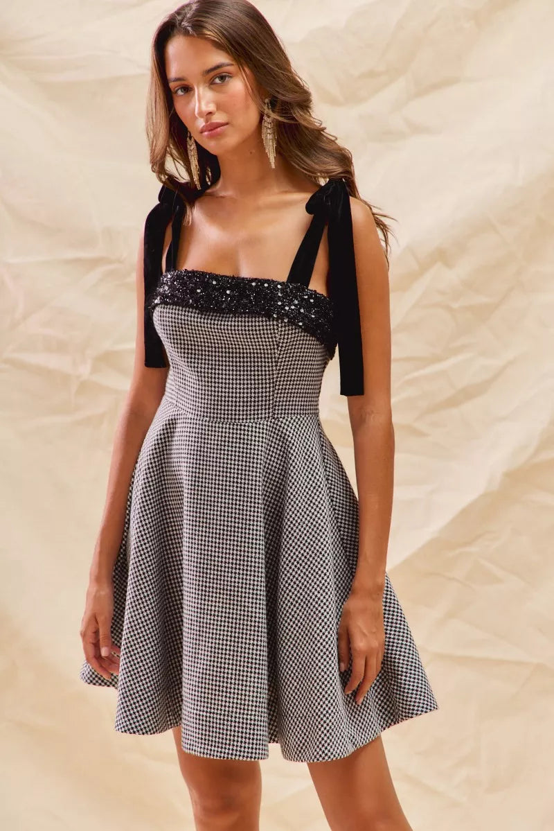Houndstooth Fit Flare Mini Dress with Shoulder Tie