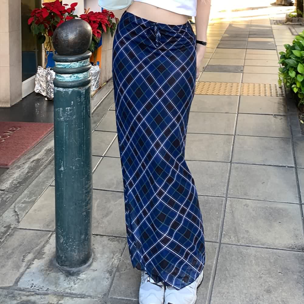 Dark Blue Plaid Mesh Overlay Midi Skirt