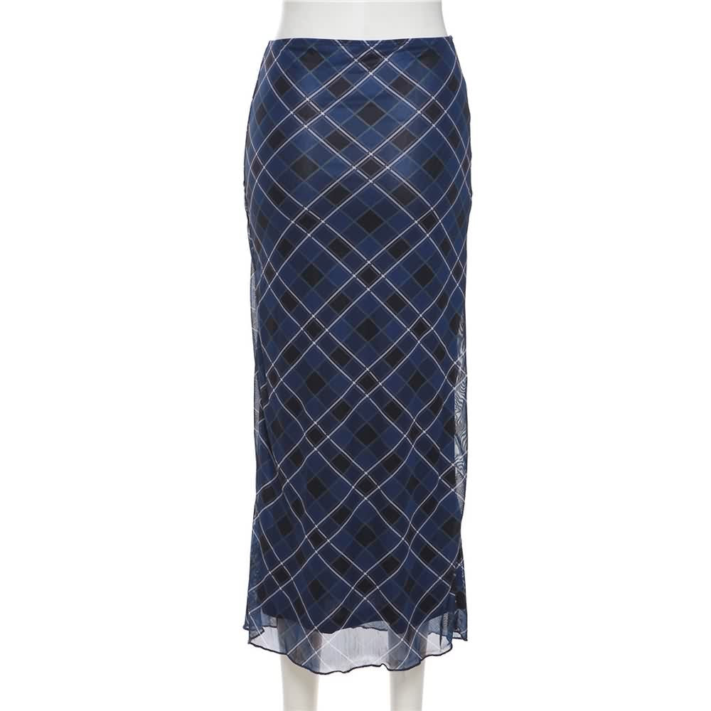 Dark Blue Plaid Mesh Overlay Midi Skirt