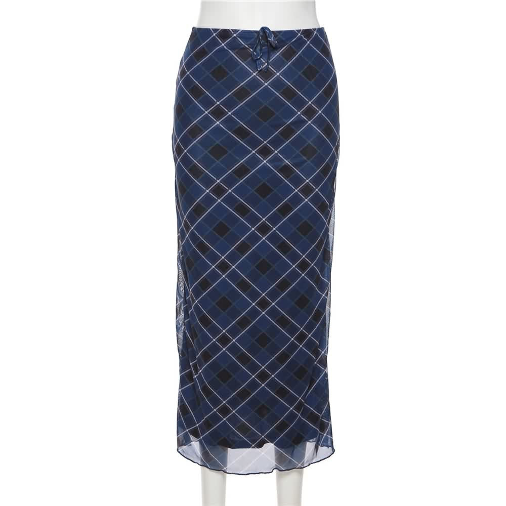 Dark Blue Plaid Mesh Overlay Midi Skirt