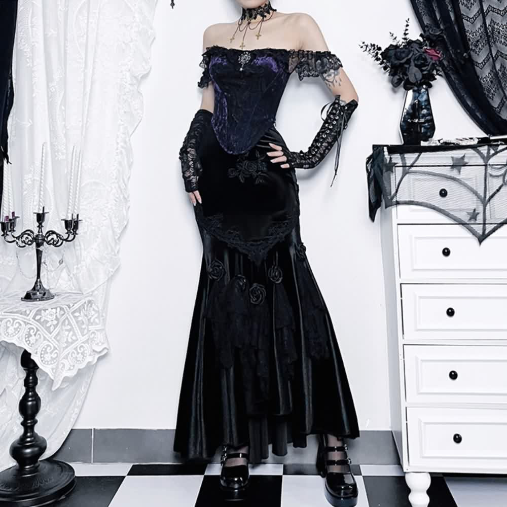 Dark Gothic Rose Lace Velvet Maxi Skirt