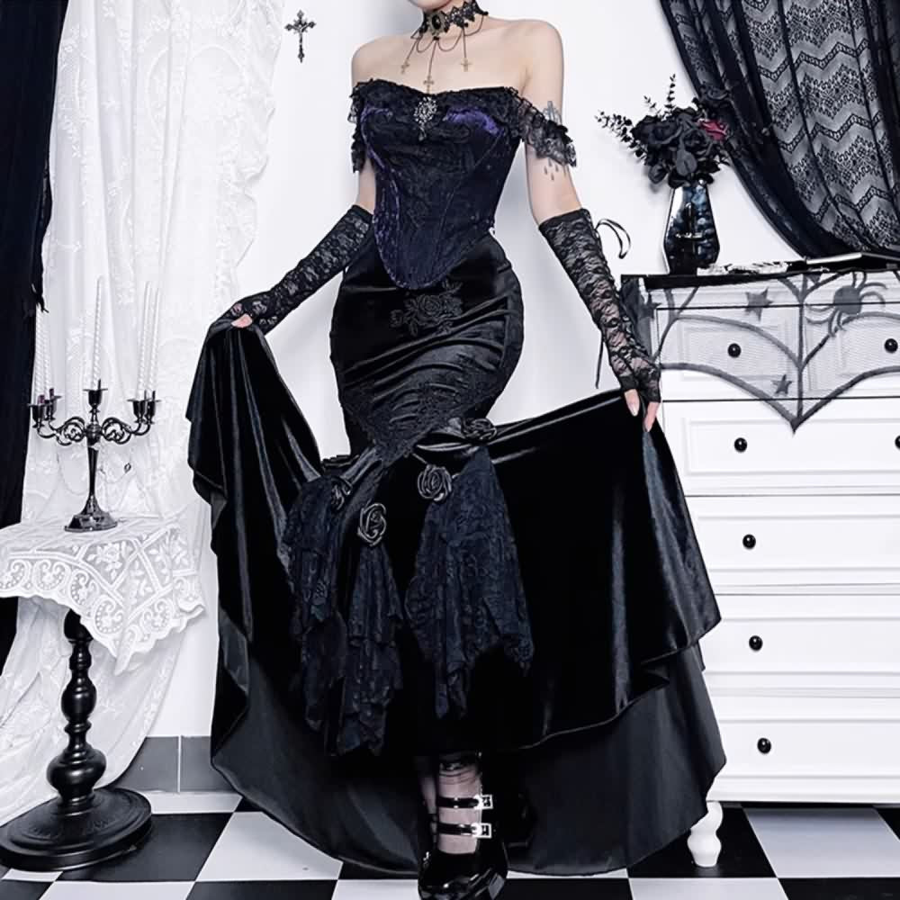 Dark Gothic Rose Lace Velvet Maxi Skirt