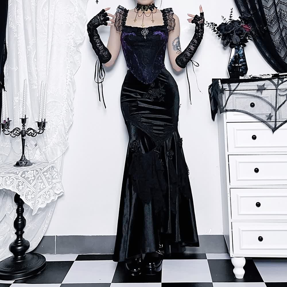 Dark Gothic Rose Lace Velvet Maxi Skirt