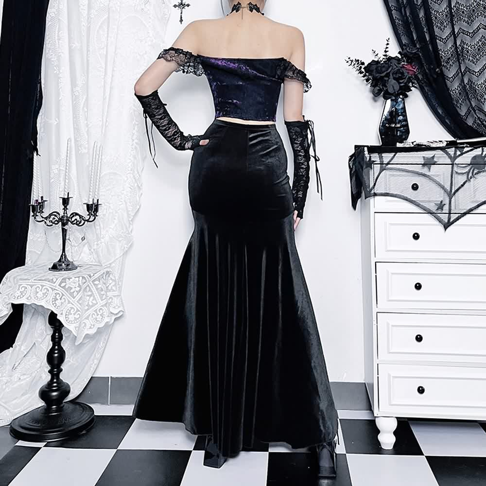 Dark Gothic Rose Lace Velvet Maxi Skirt